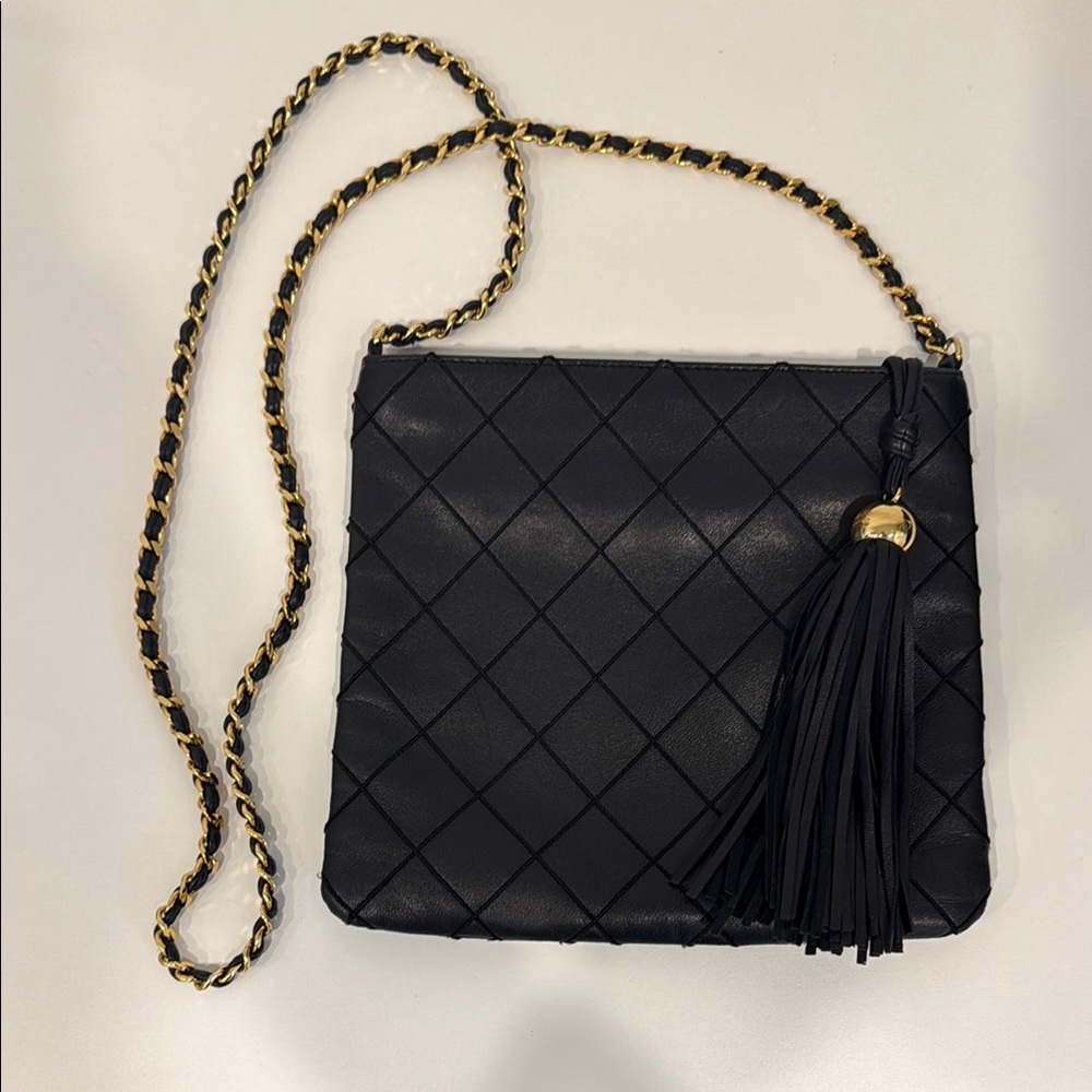 CHANEL Black Leather Quilted Crossbody Bag with Tassel